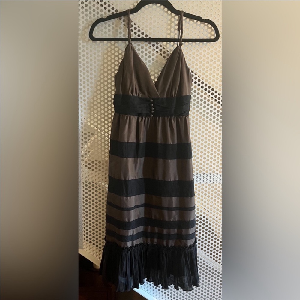 BCBG Max Azria Tiered Midi Dress Size XS Brown and Black Cotton and Silk